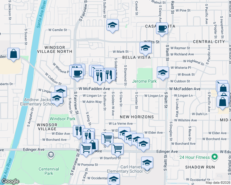 map of restaurants, bars, coffee shops, grocery stores, and more near 1128 South Golden West Avenue in Santa Ana