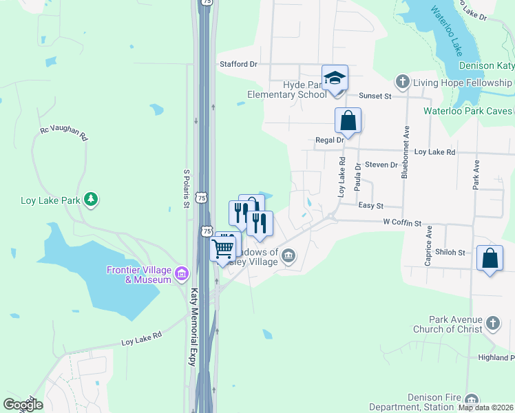 map of restaurants, bars, coffee shops, grocery stores, and more near 3015 Ridge Drive in Denison