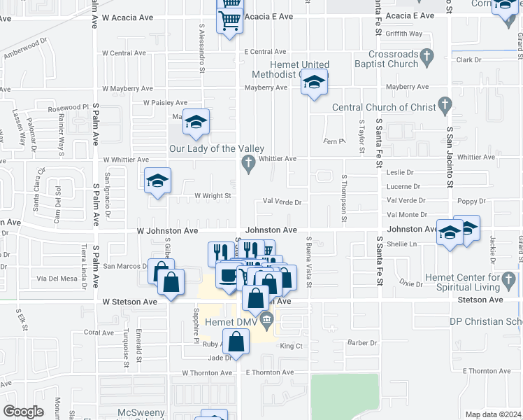 map of restaurants, bars, coffee shops, grocery stores, and more near 220 Val Monte Drive in Hemet