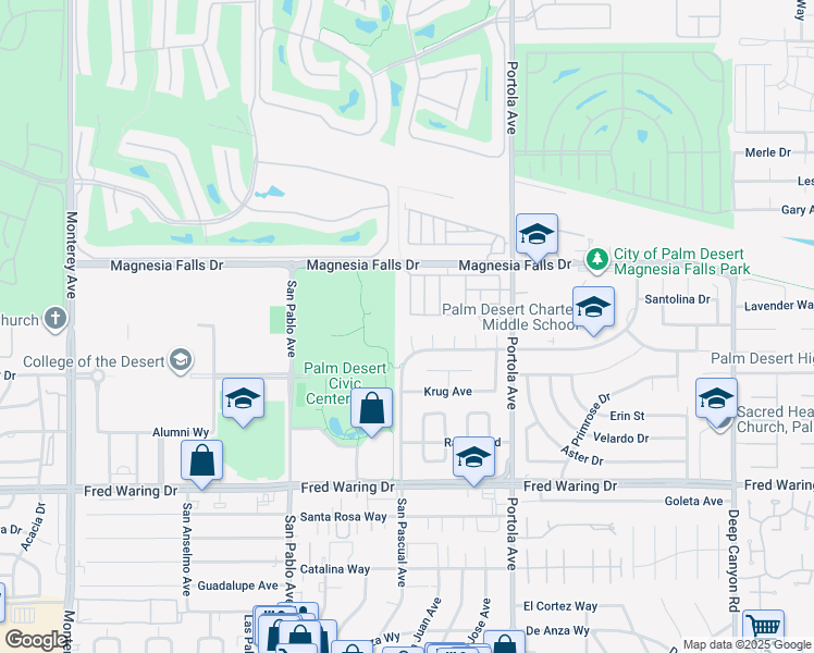 map of restaurants, bars, coffee shops, grocery stores, and more near 43349 Martini Court in Palm Desert