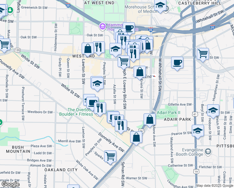 map of restaurants, bars, coffee shops, grocery stores, and more near 776 Azalia Street Southwest in Atlanta