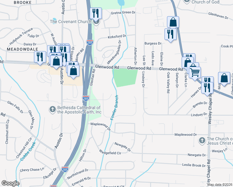 map of restaurants, bars, coffee shops, grocery stores, and more near 3975 Glenwood Downs Lane in Decatur