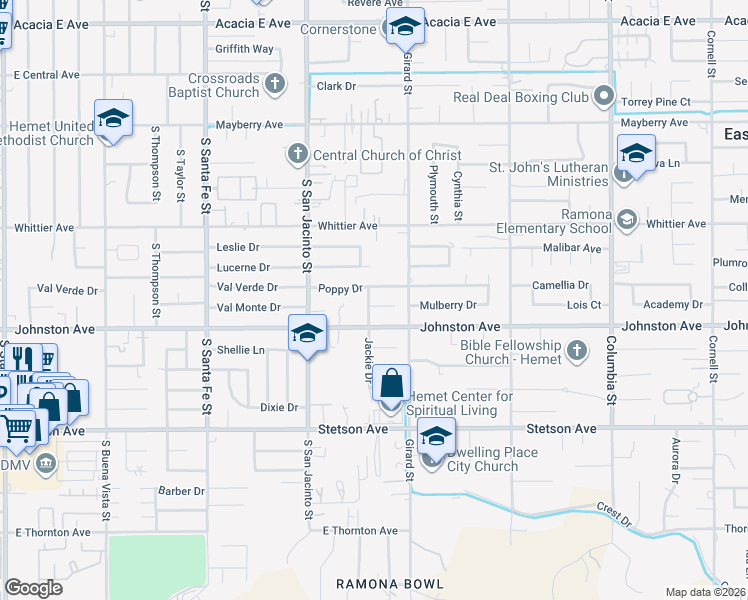 map of restaurants, bars, coffee shops, grocery stores, and more near 40414 Marsha Court in Hemet