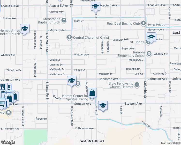 map of restaurants, bars, coffee shops, grocery stores, and more near 40448 Marsha Court in Hemet