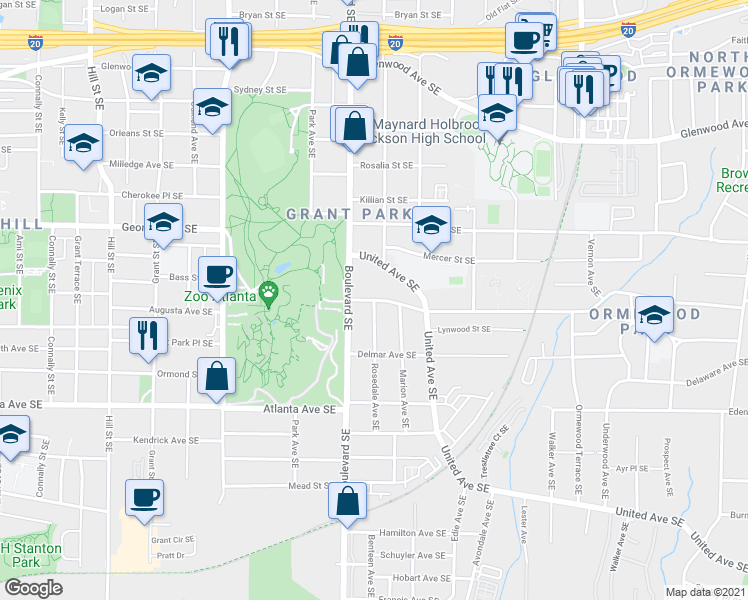 map of restaurants, bars, coffee shops, grocery stores, and more near Ormewood Ave SE & Rosedale Ave SE in Atlanta