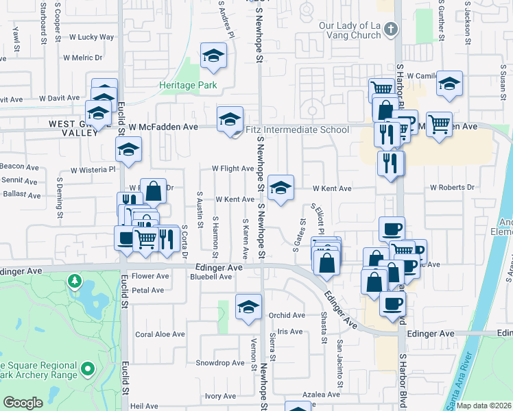 map of restaurants, bars, coffee shops, grocery stores, and more near 1014 South Newhope Street in Santa Ana