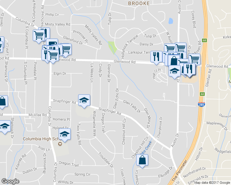 map of restaurants, bars, coffee shops, grocery stores, and more near 1933 Glen Echo Drive in Decatur