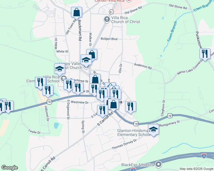 map of restaurants, bars, coffee shops, grocery stores, and more near 206 North Avenue in Villa Rica
