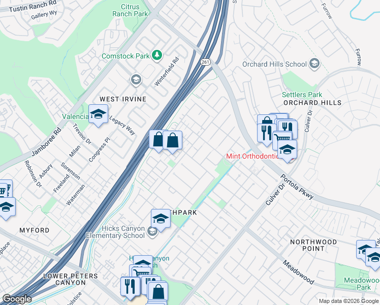 map of restaurants, bars, coffee shops, grocery stores, and more near 33 Modesto in Irvine