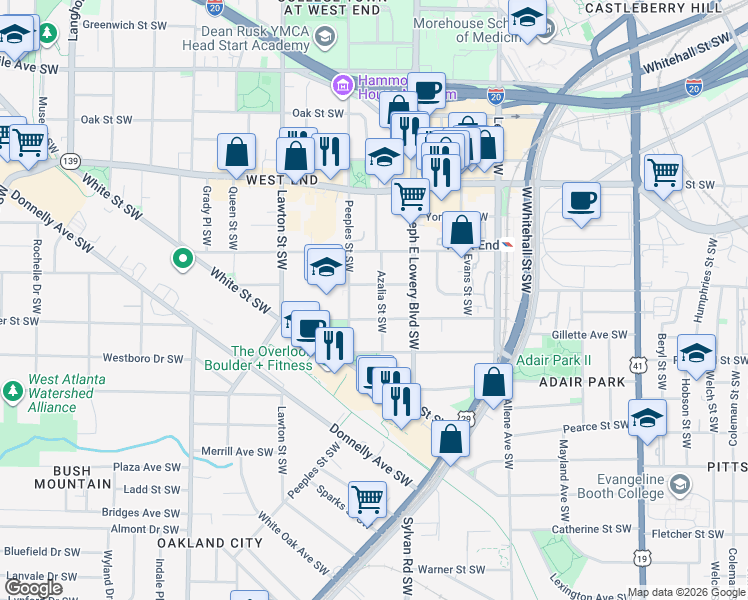 map of restaurants, bars, coffee shops, grocery stores, and more near 765 Azalia Street Southwest in Atlanta
