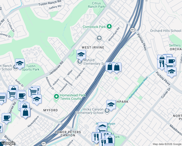 map of restaurants, bars, coffee shops, grocery stores, and more near 144 Church Place in Irvine