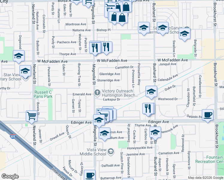 map of restaurants, bars, coffee shops, grocery stores, and more near 9200 Orchid Drive in Westminster