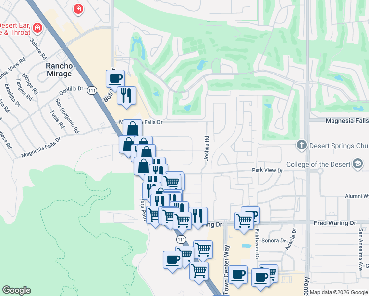 map of restaurants, bars, coffee shops, grocery stores, and more near 72374 Rancho Road in Rancho Mirage