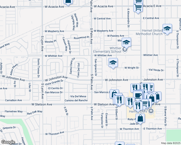 map of restaurants, bars, coffee shops, grocery stores, and more near 853 South Palm Avenue in Hemet