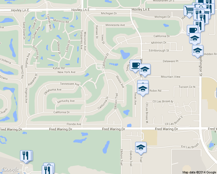 map of restaurants, bars, coffee shops, grocery stores, and more near 77101a California Drive in Palm Desert