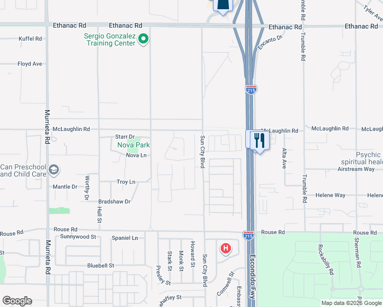 map of restaurants, bars, coffee shops, grocery stores, and more near 26643 Baneberry Court in Menifee