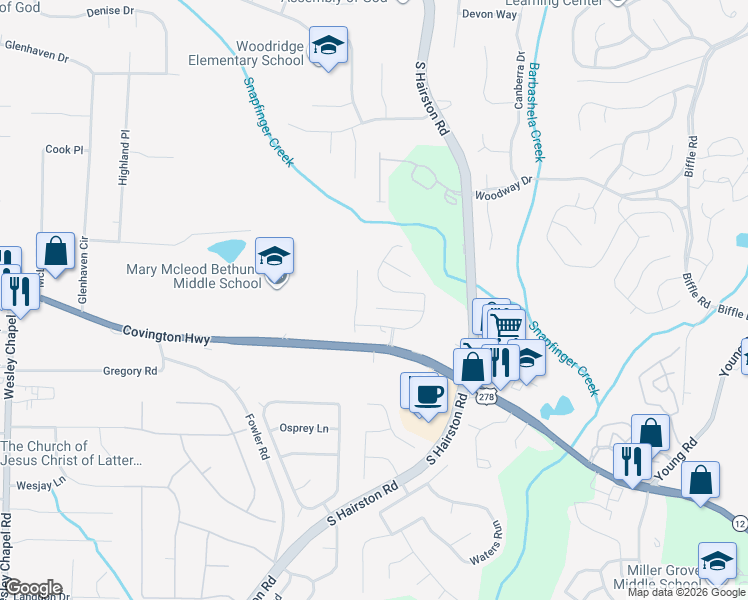 map of restaurants, bars, coffee shops, grocery stores, and more near 4619 Grand Central Parkway in Decatur
