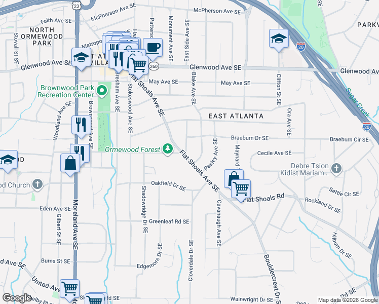map of restaurants, bars, coffee shops, grocery stores, and more near 764 Blake Avenue Southeast in Atlanta