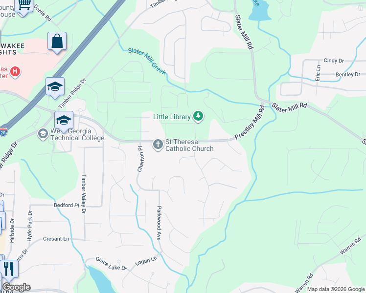 map of restaurants, bars, coffee shops, grocery stores, and more near 4315 Prestley Mill Road in Douglasville