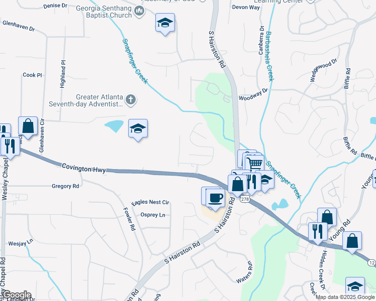 map of restaurants, bars, coffee shops, grocery stores, and more near 4612 Grand Central Parkway in Decatur