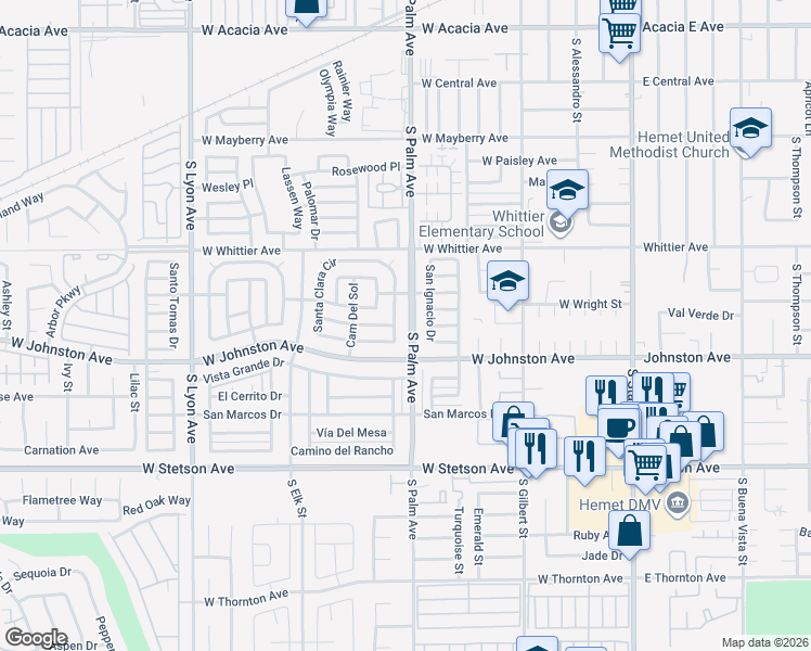 map of restaurants, bars, coffee shops, grocery stores, and more near 853 South Palm Avenue in Hemet