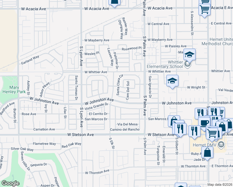 map of restaurants, bars, coffee shops, grocery stores, and more near 550 Santa Clara Circle in Hemet
