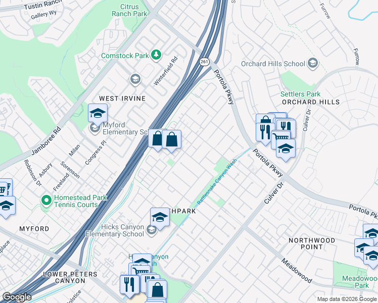 map of restaurants, bars, coffee shops, grocery stores, and more near 28 Modesto in Irvine