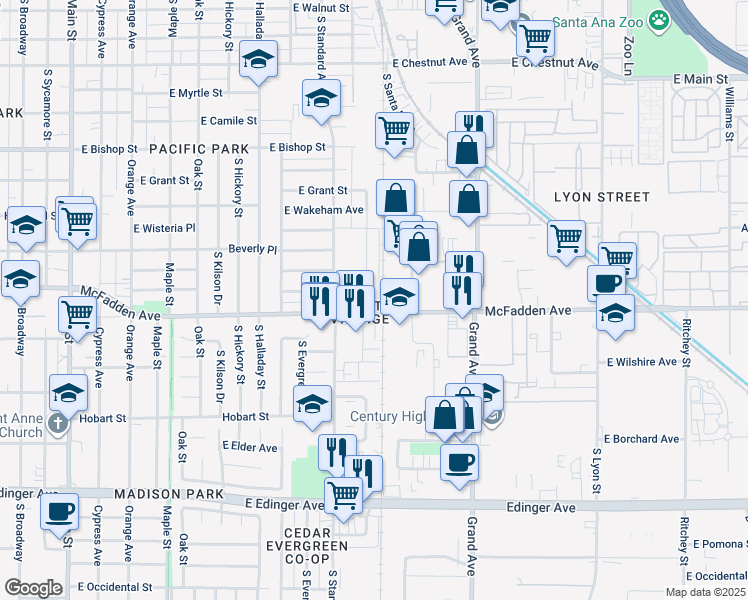 map of restaurants, bars, coffee shops, grocery stores, and more near 1250 East McFadden Avenue in Santa Ana