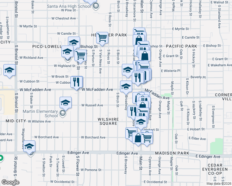 map of restaurants, bars, coffee shops, grocery stores, and more near 414 Glendale Court in Santa Ana