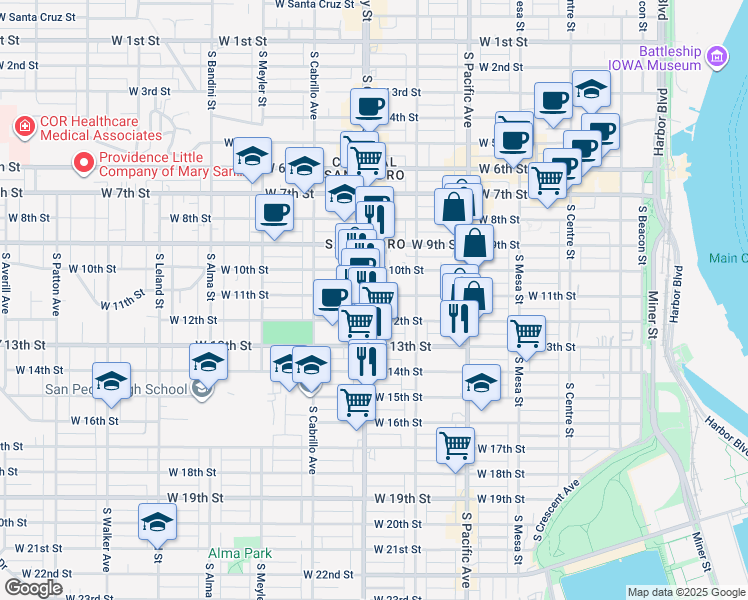 map of restaurants, bars, coffee shops, grocery stores, and more near 654 West 12th Street in Los Angeles