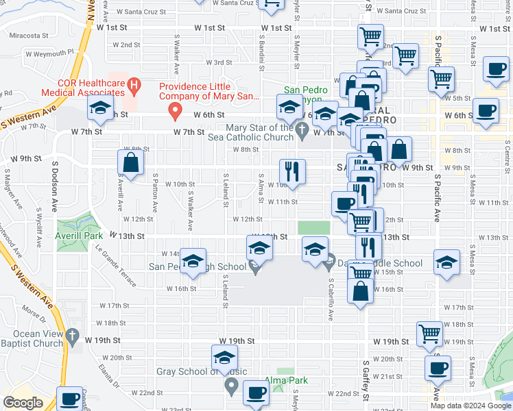 map of restaurants, bars, coffee shops, grocery stores, and more near 1134 South Alma Street in Los Angeles