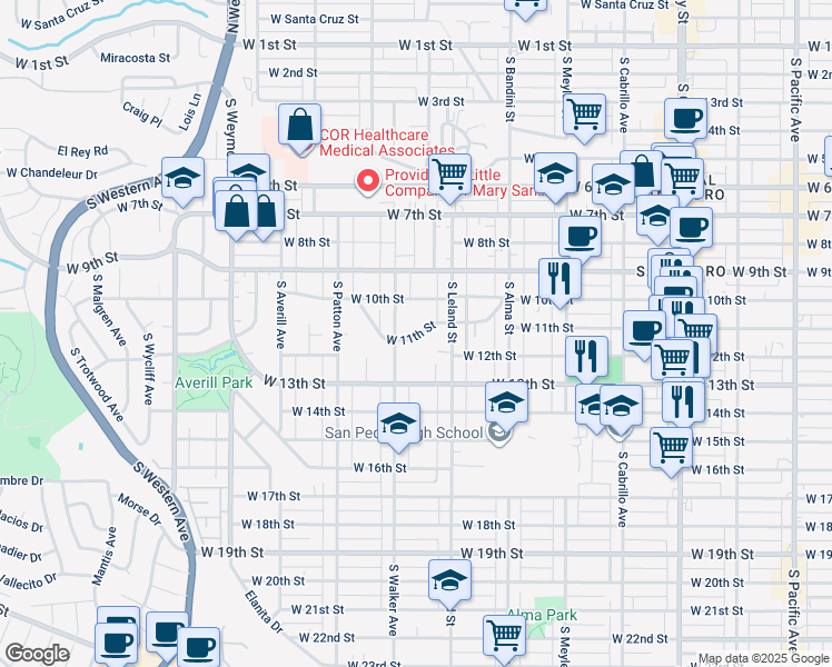 map of restaurants, bars, coffee shops, grocery stores, and more near 1147 South Leland Street in Los Angeles