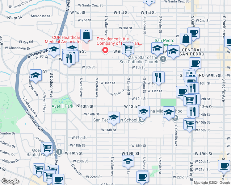 map of restaurants, bars, coffee shops, grocery stores, and more near 1115 South Walker Avenue in Los Angeles