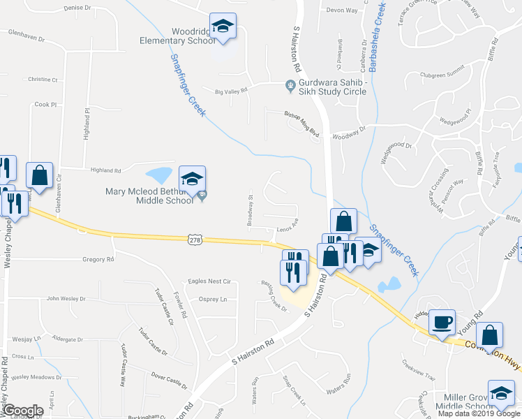map of restaurants, bars, coffee shops, grocery stores, and more near 4612 Grand Central Parkway in Decatur