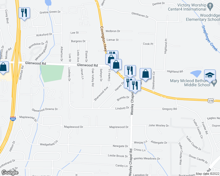 map of restaurants, bars, coffee shops, grocery stores, and more near 4215 Sherwood Avenue in Decatur