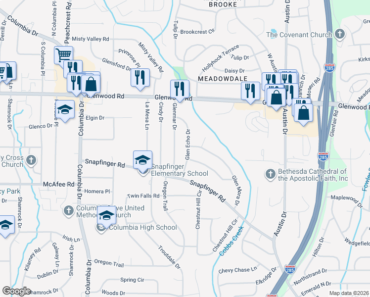 map of restaurants, bars, coffee shops, grocery stores, and more near 1951 Glen Echo Drive in Decatur