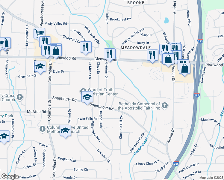 map of restaurants, bars, coffee shops, grocery stores, and more near 1933 Glen Echo Drive in Decatur