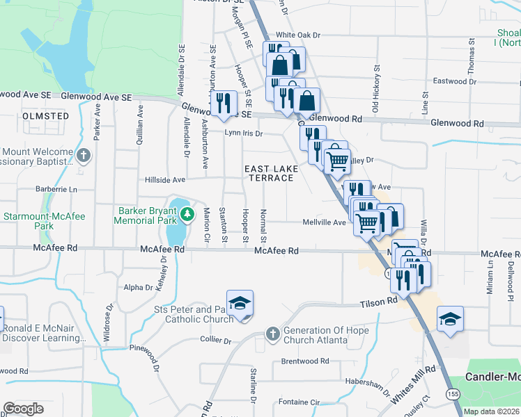 map of restaurants, bars, coffee shops, grocery stores, and more near 1968 Hooper Street in Decatur