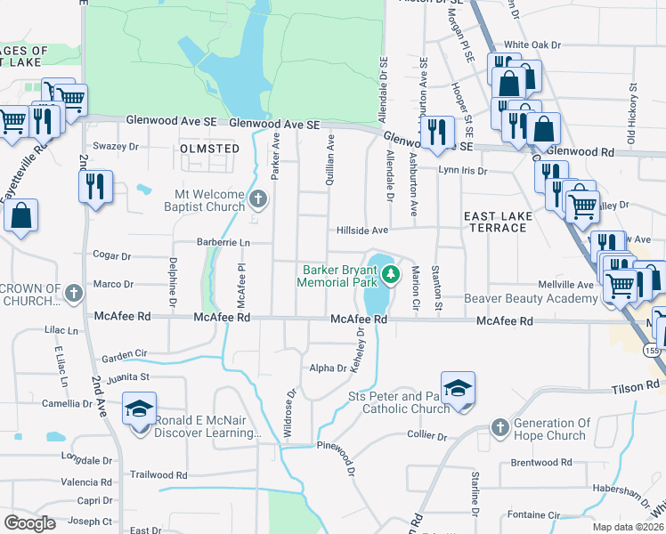 map of restaurants, bars, coffee shops, grocery stores, and more near 1979 West Lakeside Drive in Decatur