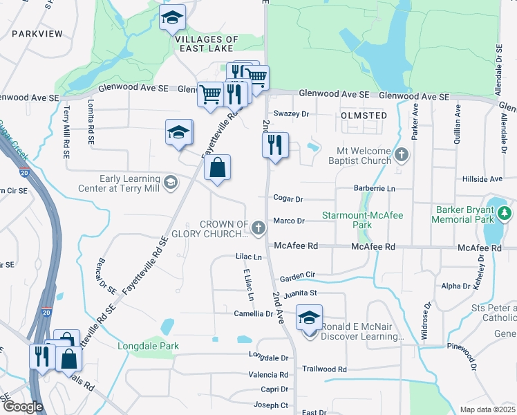 map of restaurants, bars, coffee shops, grocery stores, and more near 1962 Terry Mill Road Southeast in Atlanta