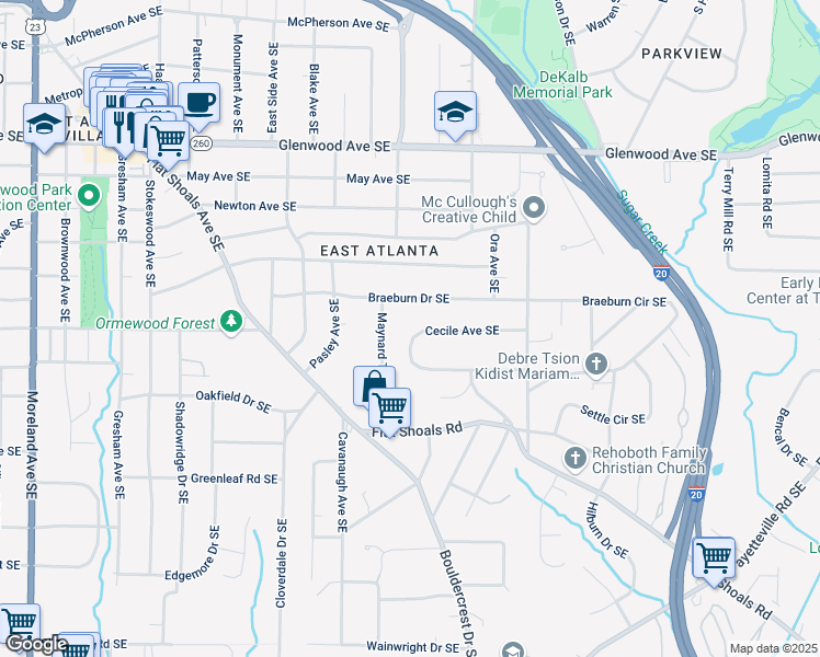 map of restaurants, bars, coffee shops, grocery stores, and more near 1628 Cecile Avenue Southeast in Atlanta
