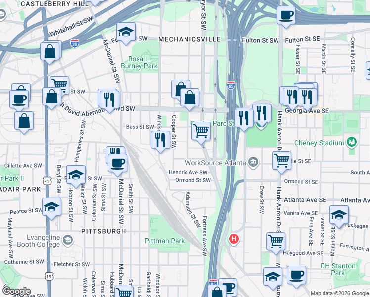 map of restaurants, bars, coffee shops, grocery stores, and more near 245 Dodd Avenue Southwest in Atlanta