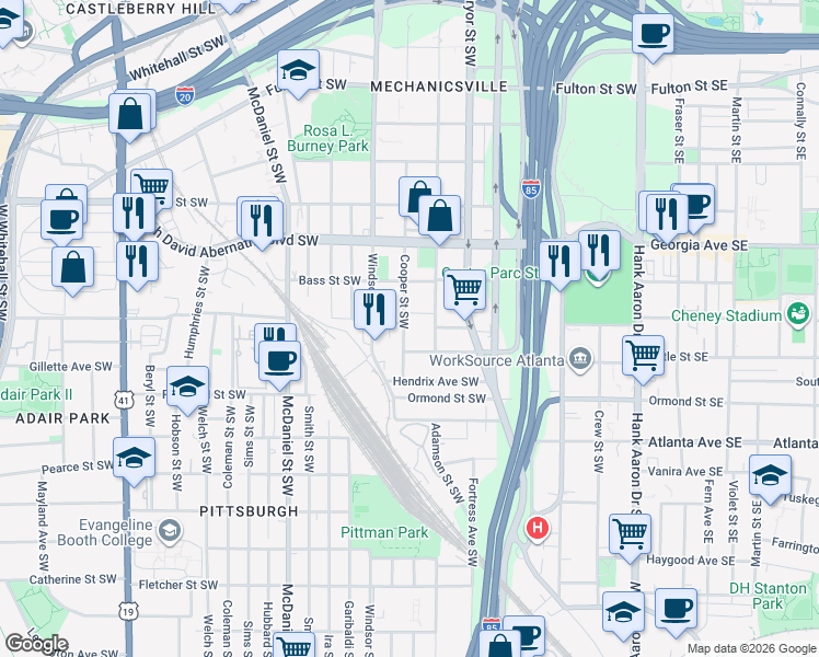 map of restaurants, bars, coffee shops, grocery stores, and more near 781 Cooper Street Southwest in Atlanta