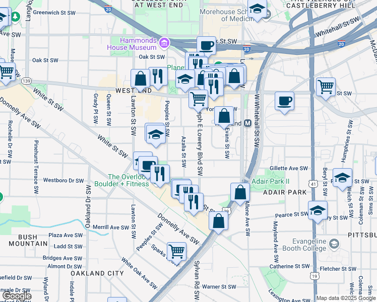 map of restaurants, bars, coffee shops, grocery stores, and more near 939 Beecher Street Southwest in Atlanta