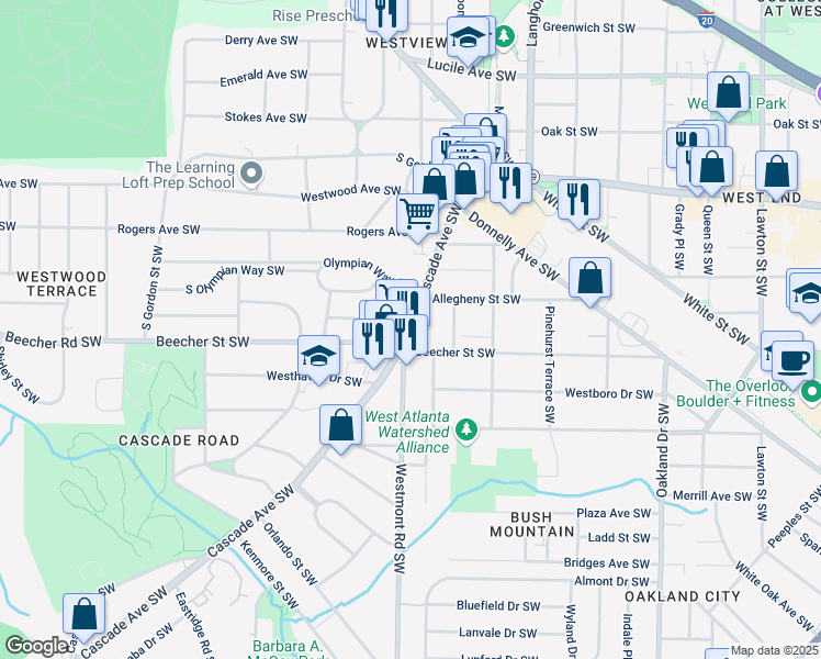 map of restaurants, bars, coffee shops, grocery stores, and more near 1493 Beecher Street Southwest in Atlanta