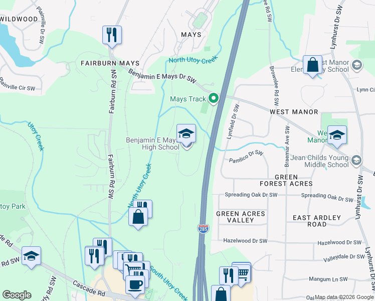 map of restaurants, bars, coffee shops, grocery stores, and more near 3450 Benjamin E Mays Drive Southwest in Atlanta