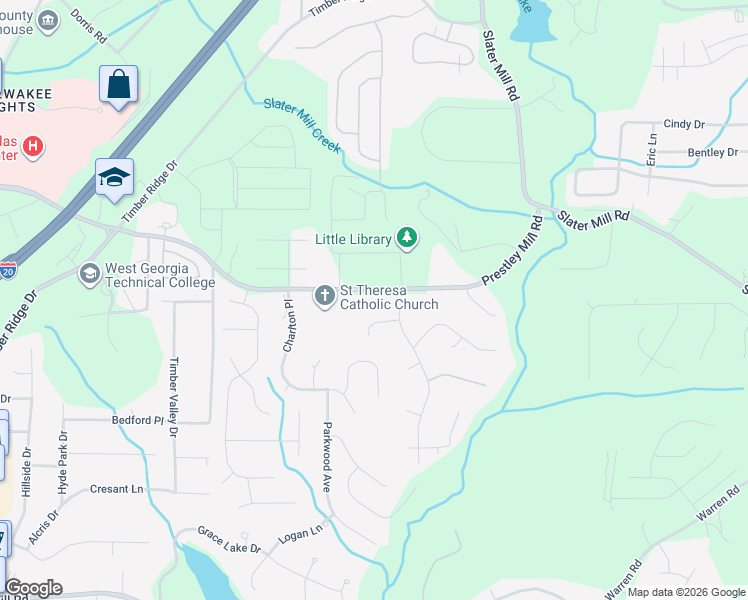 map of restaurants, bars, coffee shops, grocery stores, and more near 4315 Prestley Mill Road in Douglasville