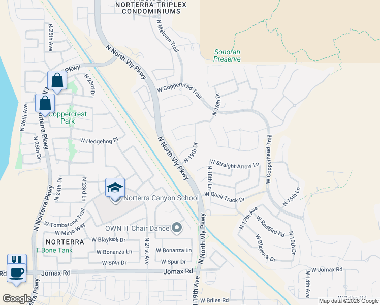 map of restaurants, bars, coffee shops, grocery stores, and more near 25326 North 19th Drive in Phoenix