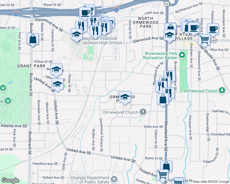 map of restaurants, bars, coffee shops, grocery stores, and more near 942 Emerson Avenue Southeast in Atlanta