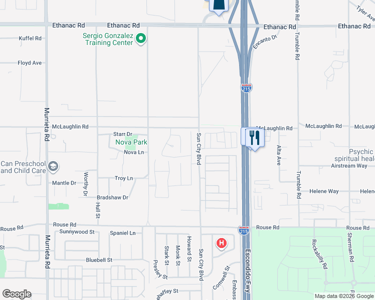 map of restaurants, bars, coffee shops, grocery stores, and more near 26643 Baneberry Court in Menifee